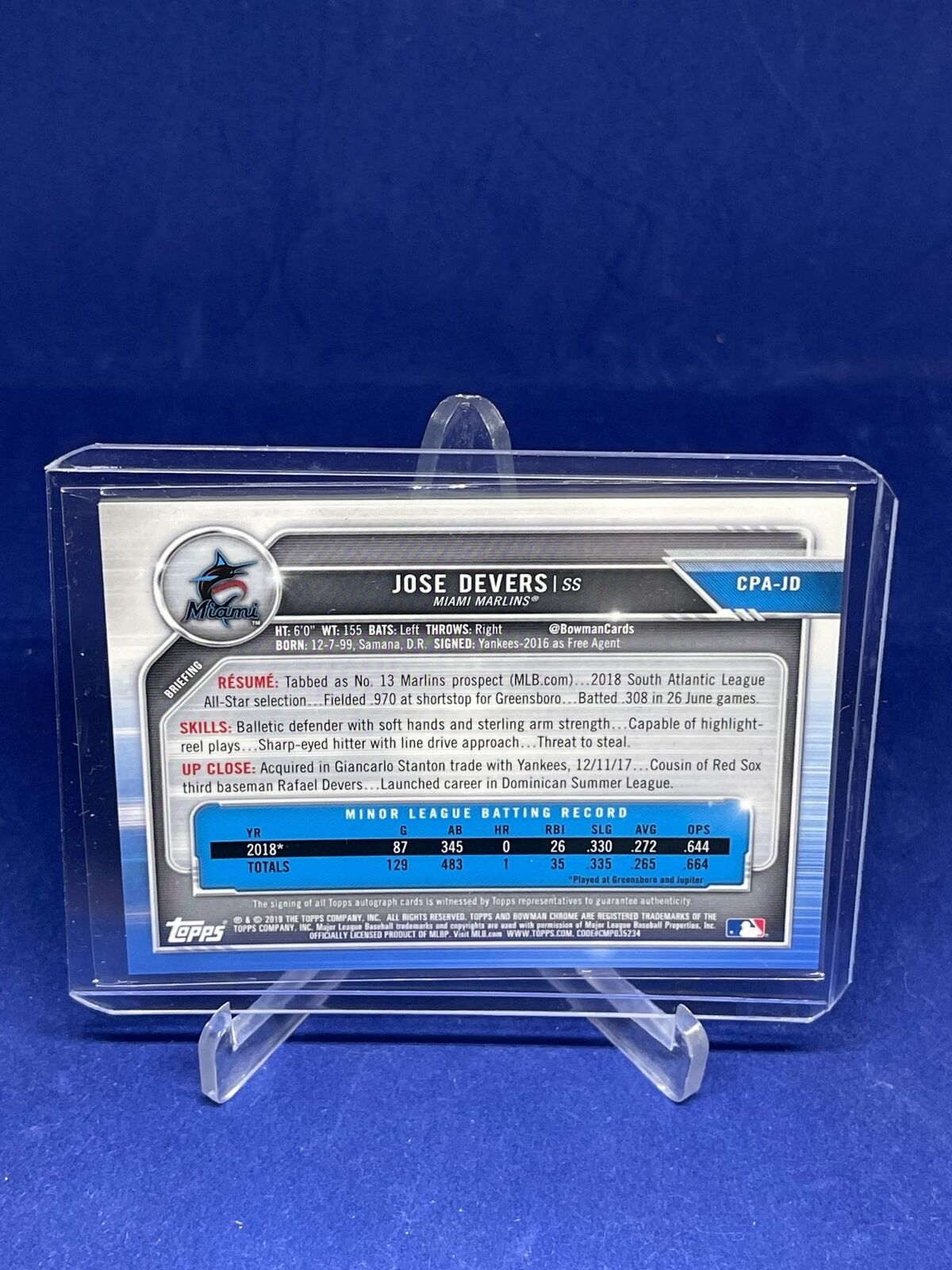 JOSE DEVERS 2019 BOWMAN CHROME 1ST BOWMAN ON CARD AUTO PROSPECT