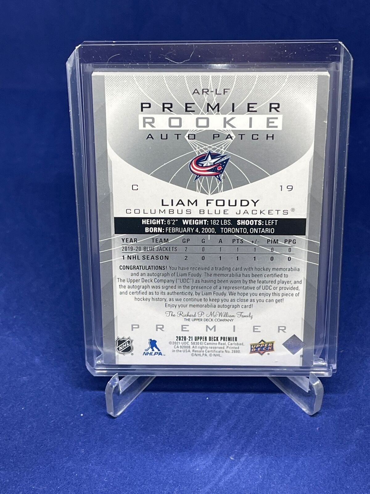 LIAM FOUDY 2020-21 UPPER DECK PREMIER RPA ROOKIE PATCH AUTO RC #D 76/149