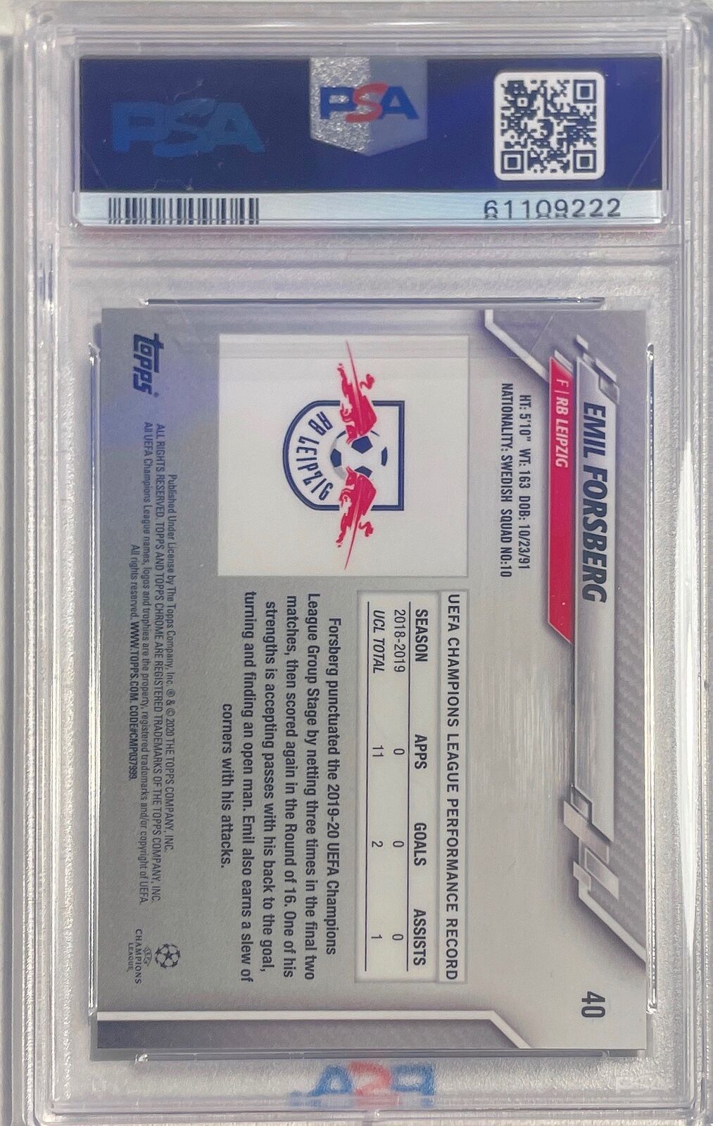 EMIL FORSBERG 2019-20 TOPPS CHROME UCL GREEN BUBBLES REFRACTOR 40 PSA 10 POP 1/1