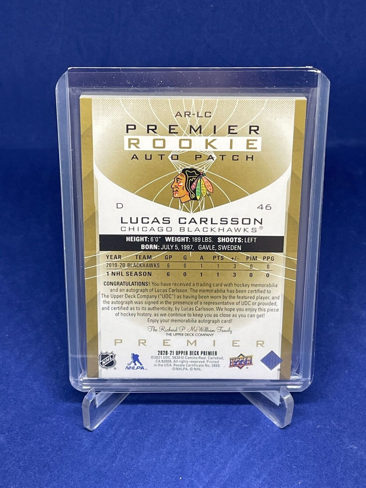 LUCAS CARLSSON 2020-21 UPPER DECK PREMIER GOLD RPA ROOKIE PATCH AUTO RC #D 23/65