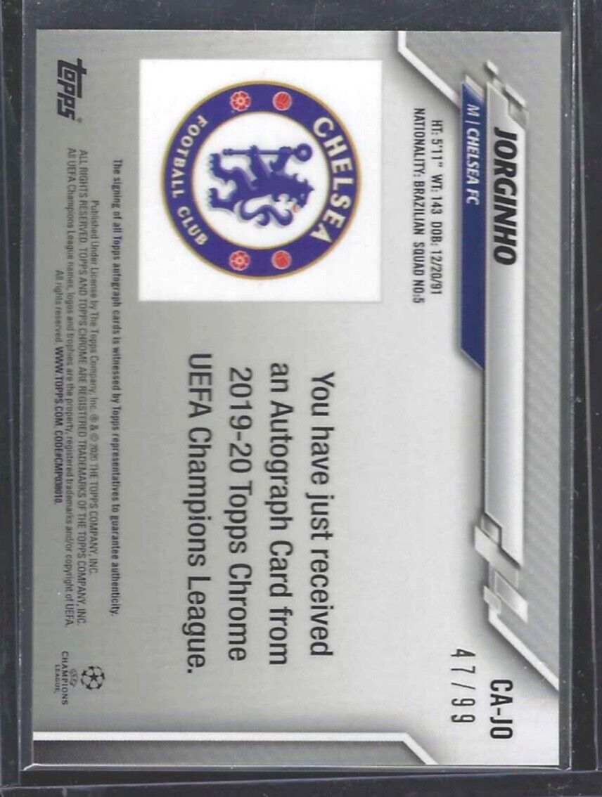 JORGINHO 2019-20 TOPPS CHROME UEFA GREEN REFRACTOR AUTO #D 47/99