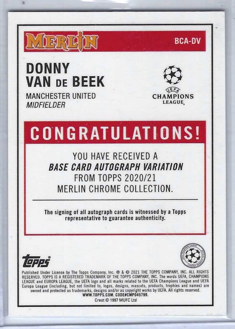 DONNY VAN DE BEEK 2020-21 TOPPS MERLIN CHROME SILVER REFRACTOR AUTO #BCA-DV