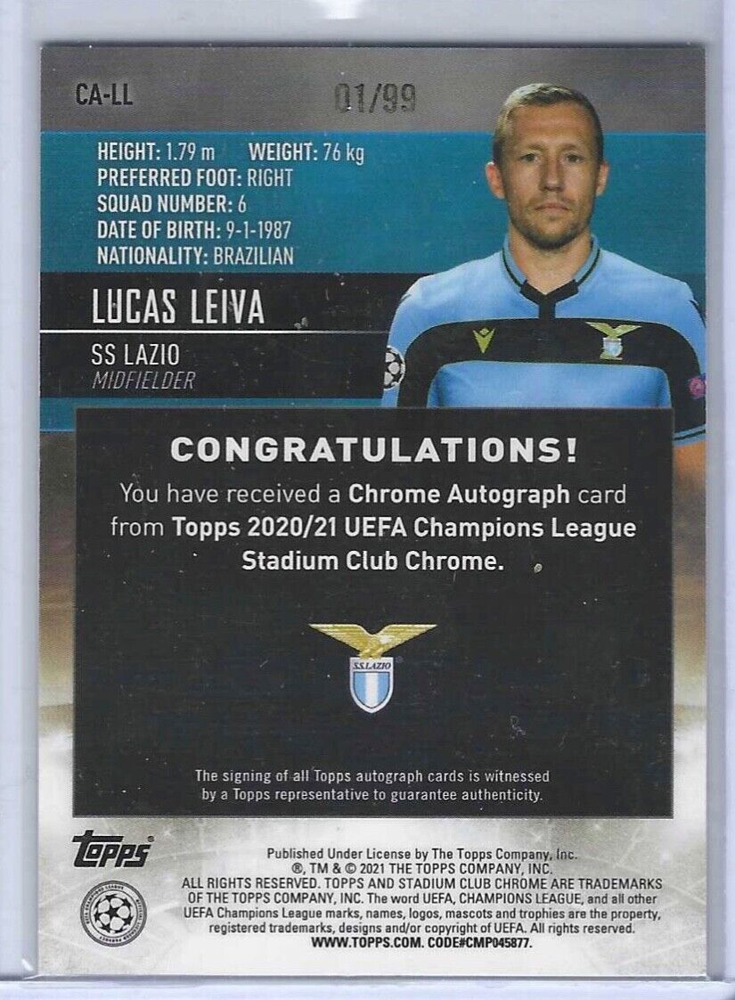 LUCAS LEIVA 2020-21 TOPPS STADIUM CLUB CHROME GREEN REFRACTOR AUTO #D 01/99