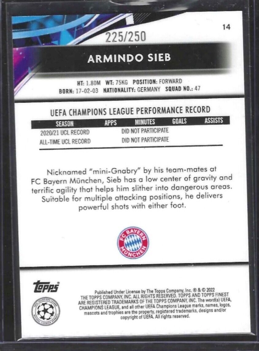 ARMINDO SIEB 2021-22 TOPPS FINEST YELLOW HYPER REFRACTOR ROOKIE RC #D 225/250