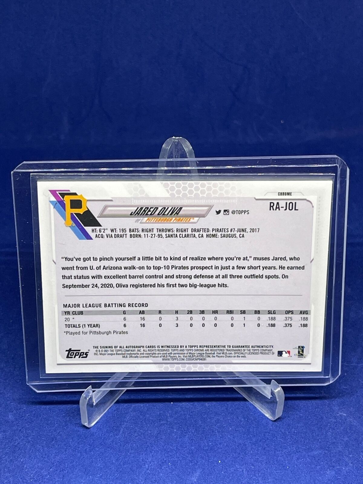 JARED OLIVA 2021 TOPPS CHROME ON CARD ROOKIE AUTO RC