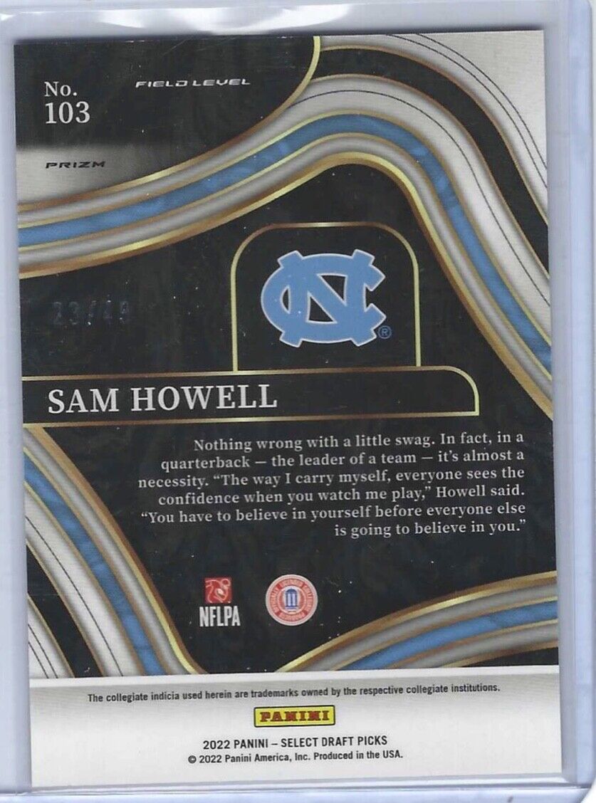 SAM HOWELL 2022 PANINI SELECT DP ORANGE PRIZM FIELD LEVEL ROOKIE RC #D 23/49
