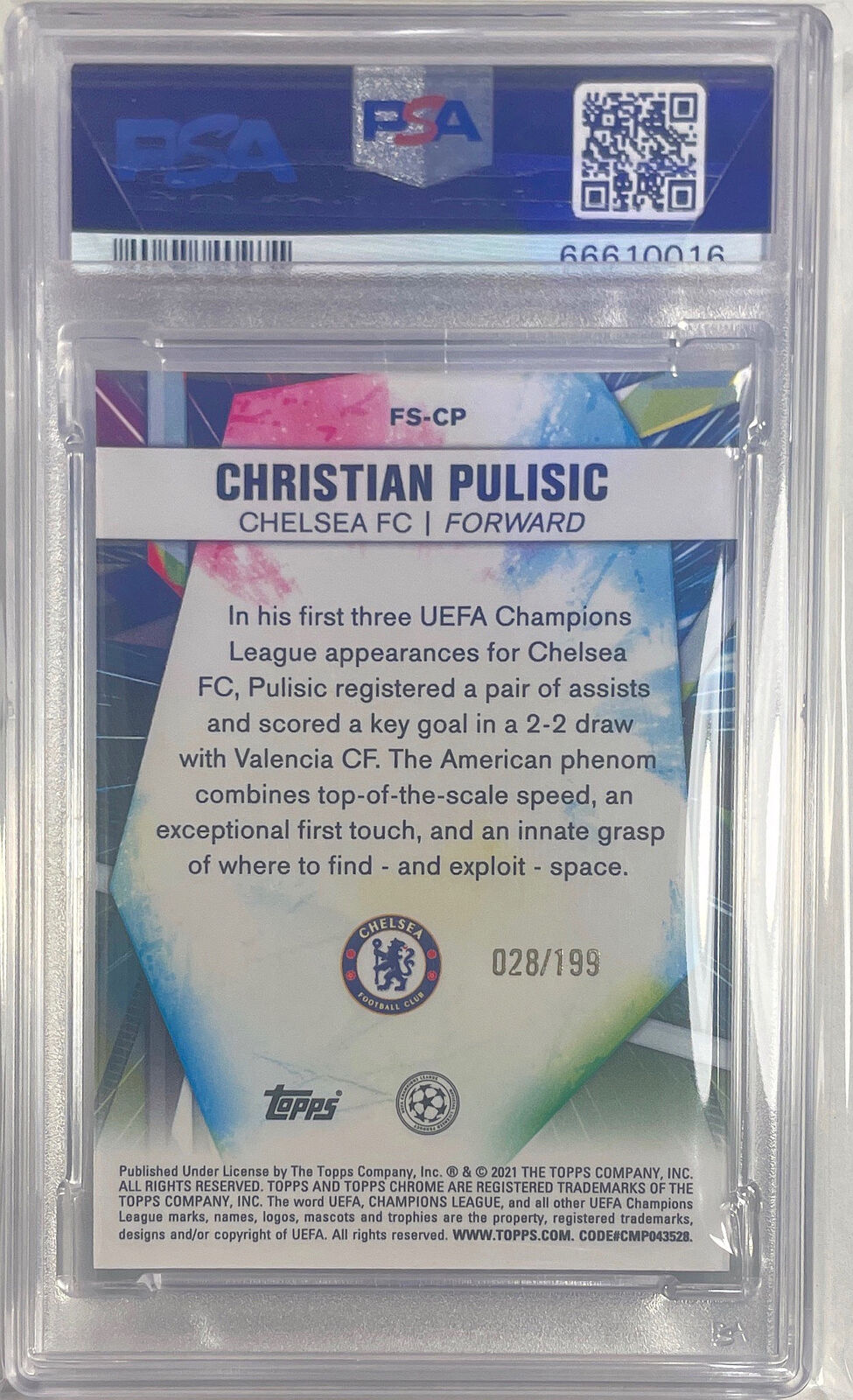 CHRISTIAN PULISIC 2020 TOPPS CHROME FUTURE STARS AQUA REFRACTOR /199 PSA 10 POP2