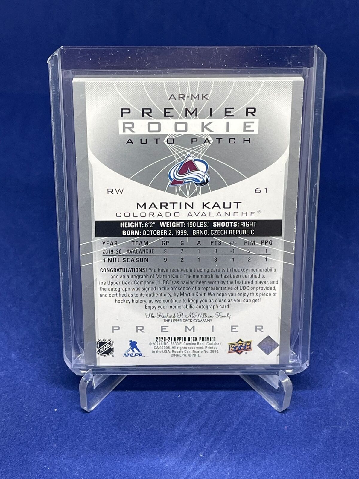 MARTIN KAUT 2020-21 UPPER DECK PREMIER RPA ROOKIE PATCH ONCARD AUTO RC #D 45/249