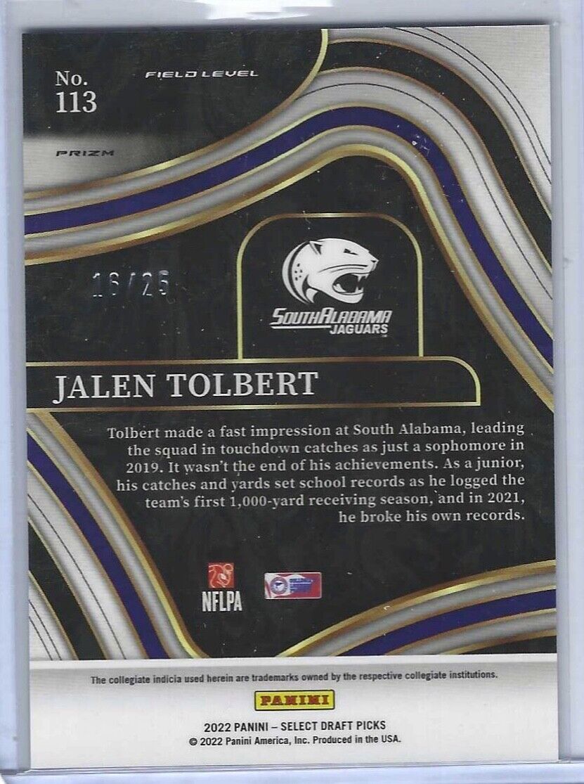 JALEN TOLBERT 2022 PANINI SELECT DP TYE DIE PRIZM FIELD LEVEL ROOKIE RC #D 16/25