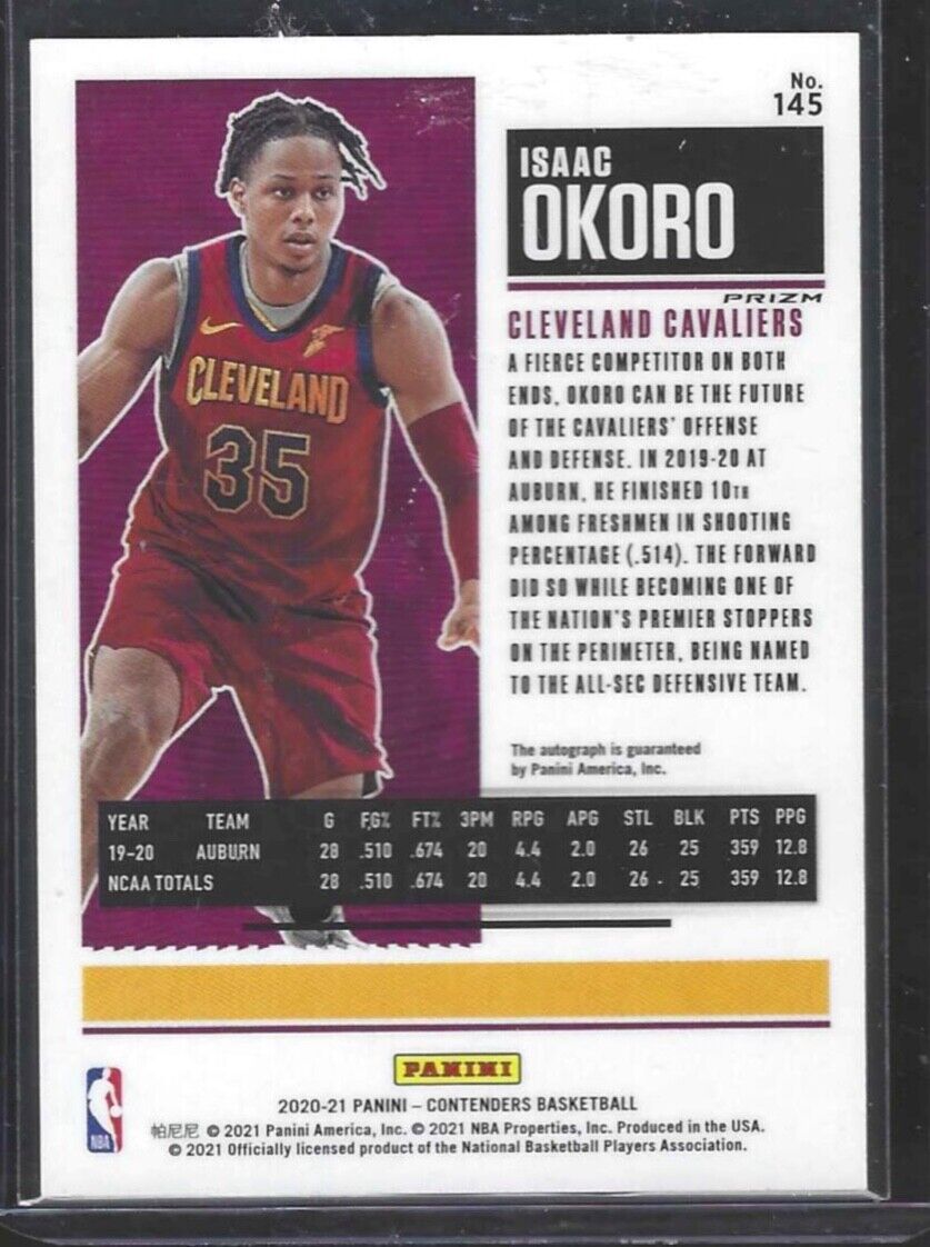 ISAAC OKORO 2020-21 PANINI CONTENDERS PREMIUM PRIZM ROOKIE TICKET AUTO RC #145