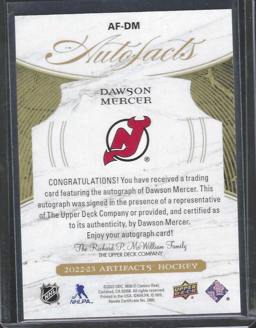 DAWSON MERCER 2022-23 UPPER DECK ARTIFACTS AUTOFACTS AUTO RC #AF-DM