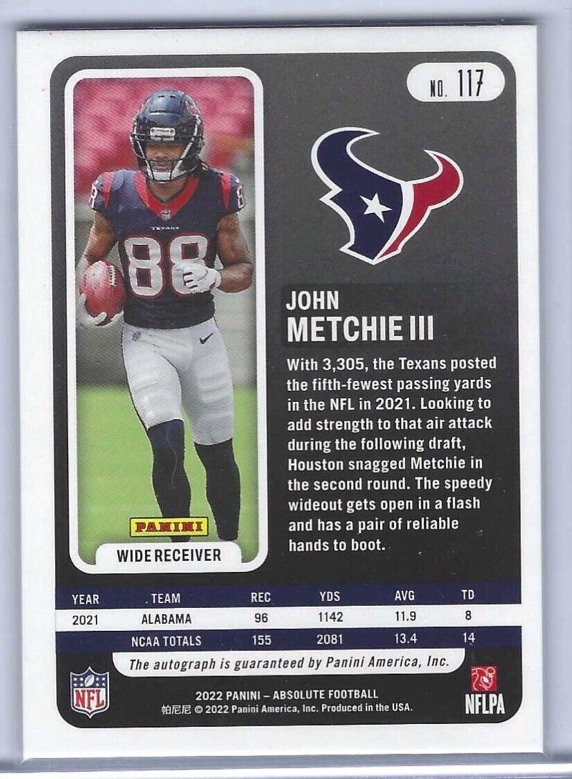 JOHN METCHIE III 2022 PANINI ABSOLUTE SILVER FOIL ROOKIE AUTO RC #D 16/75