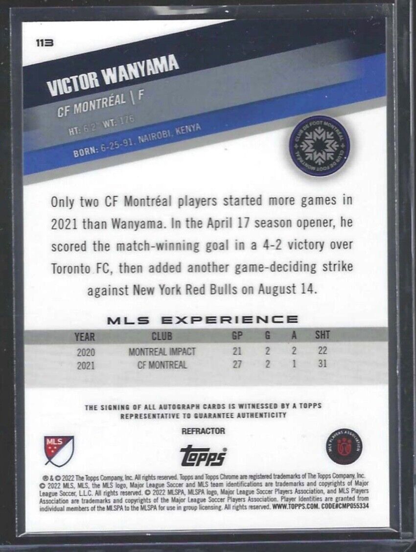 VICTOR WANYAMA 2021-22 TOPPS CHROME MLS SILVER REFRACTOR AUTO #113