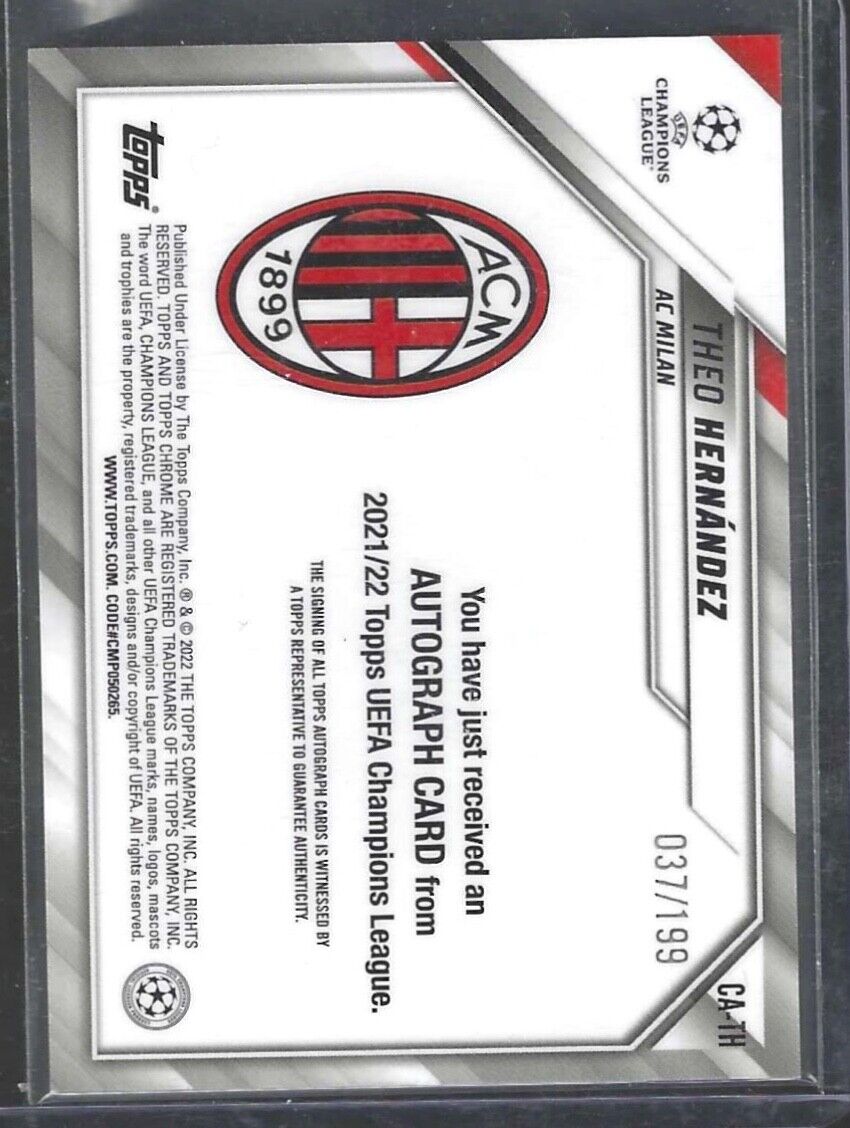 THEO HERNANDEZ 2021-22 TOPPS CHROME UEFA AQUA REFRACTOR AUTO #D 037/199