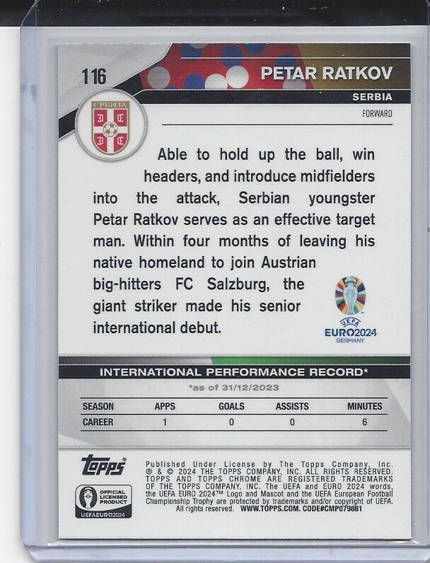 PETAR RATKOV 2023-24 TOPPS CHROME EURO COLOR MATCH DEBUT REFRACTOR #D 90/99