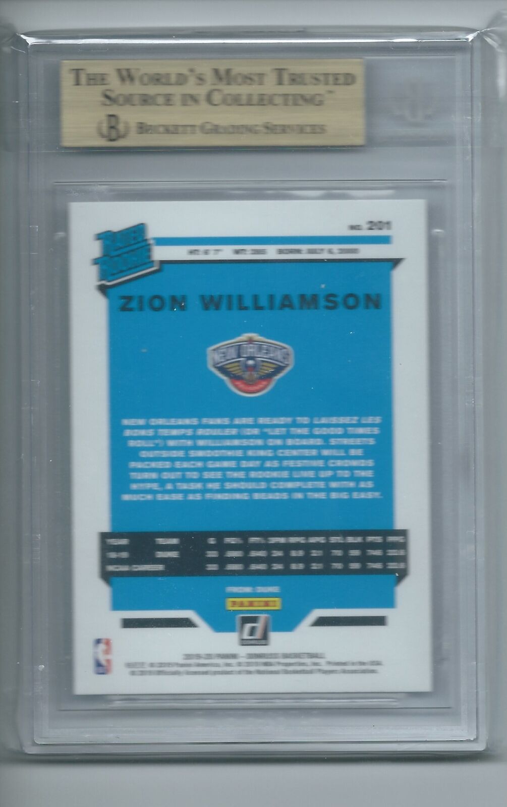 ZION WILLIAMSON 2019-20 DONRUSS INFINITE CHOICE RATED ROOKIE RC #201 BGS 9.5