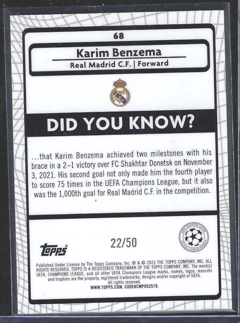 KARIM BENZEMA 2021-22 TOPPS MERLIN GOLD REFRACTOR #D 22/50