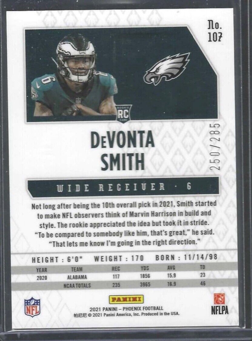 DEVONTA SMITH 2021 PANINI PHOENIX RED LAZER PRIZM ROOKIE RC #D 250/285
