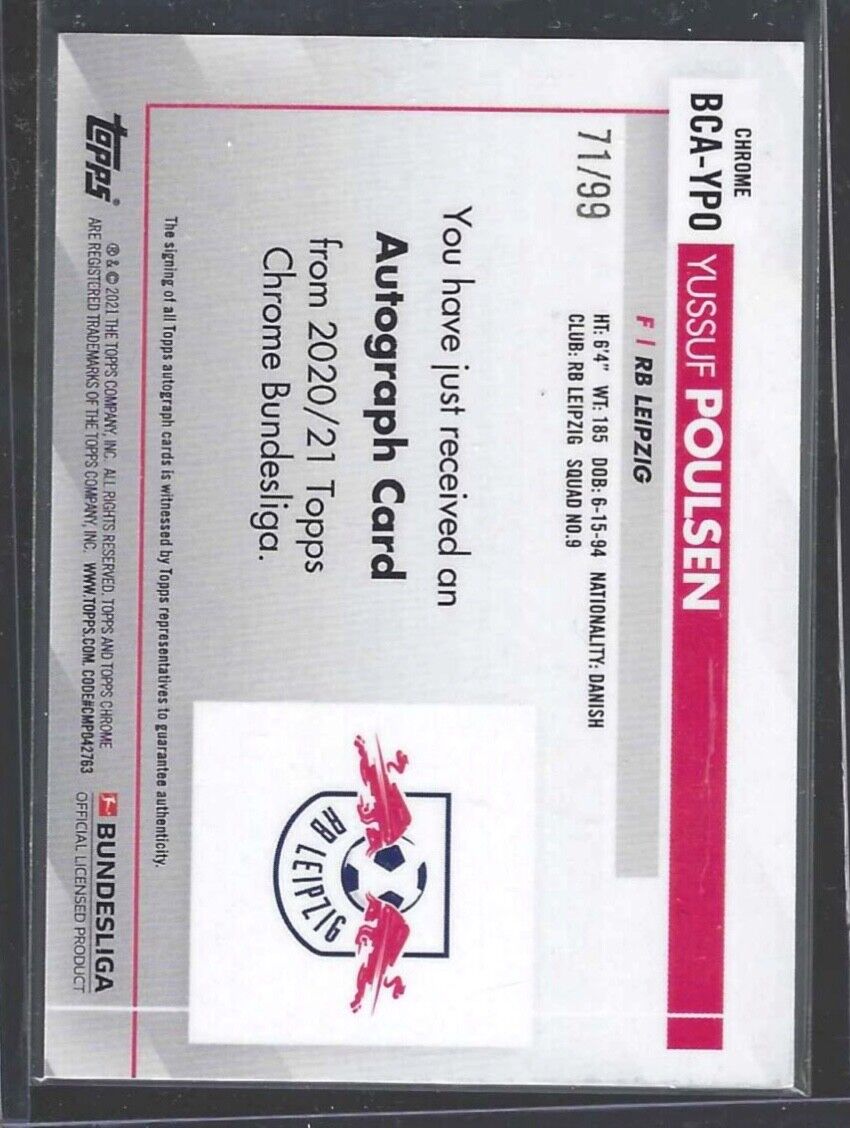 YUSSUF POULSEN 2020-21 TOPPS CHROME BUNDESLIGA GREEN REFRACTOR AUTO #D 71/99