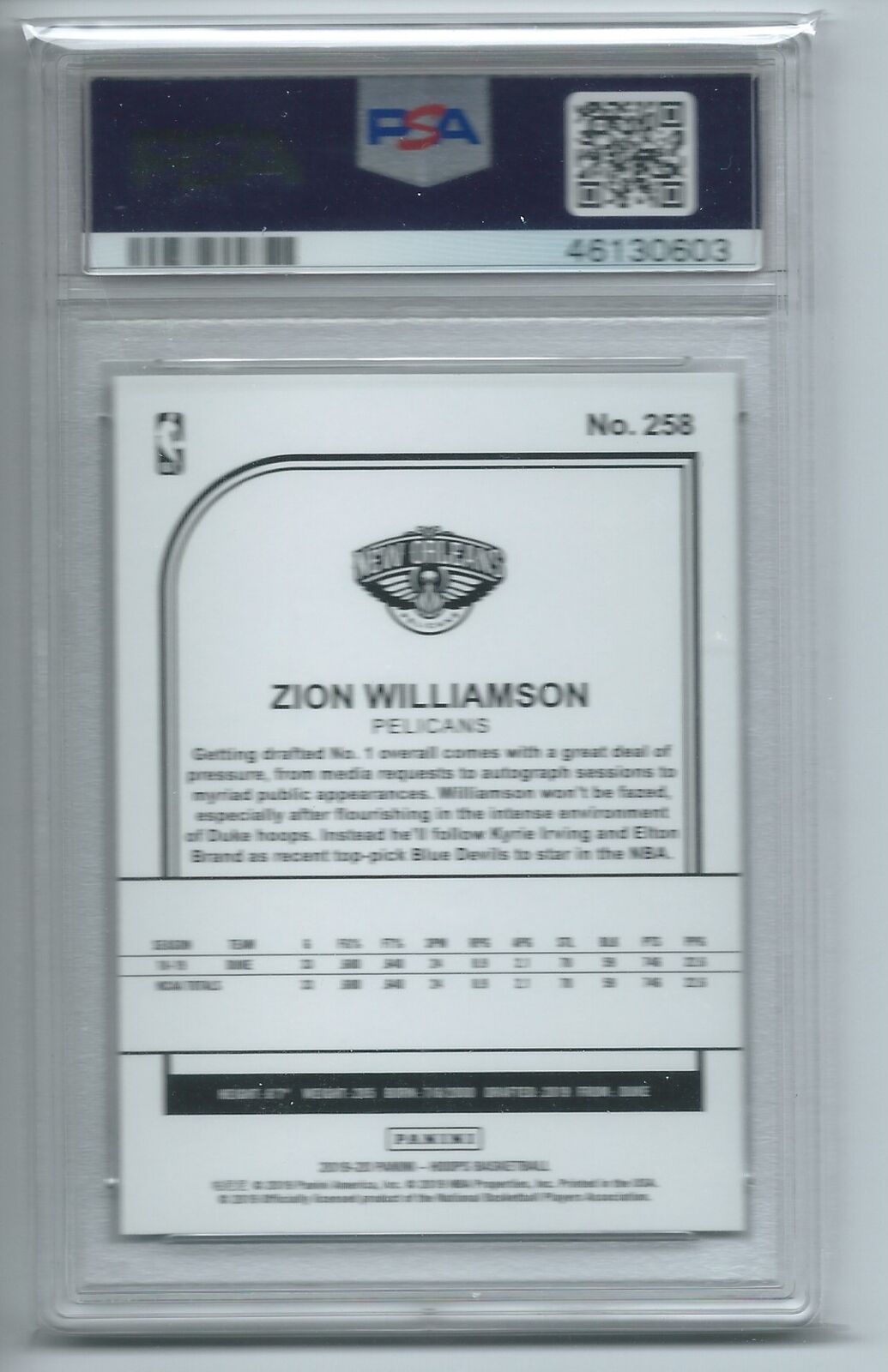 ZION WILLIAMSON 2019-20 PANINI NBA HOOPS WINTER RC #258 PSA 10 MINT