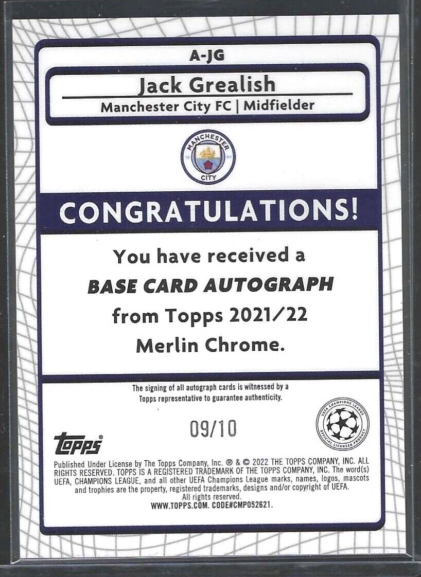 JACK GREALISH 2021-22 TOPPS MERLIN RED REFRACTOR MANCHESTER CITY AUTO #D 09/10