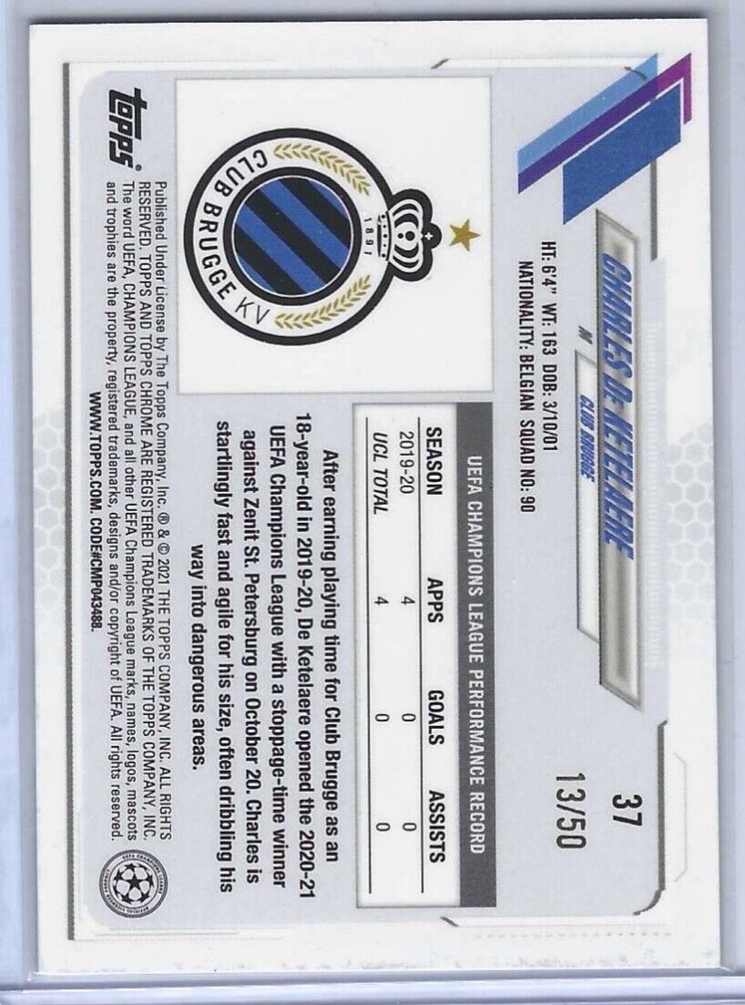 CHARLES DE KETAELARE 2020-21 TOPPS CHROME GOLD REFRACTOR RC #D 13/50
