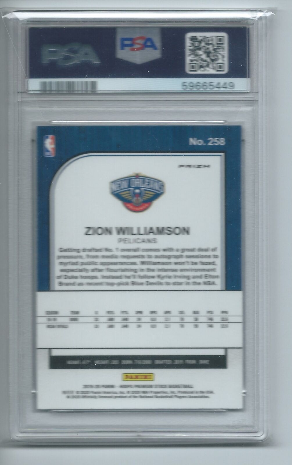 ZION WILLIAMSON 2019-20 HOOPS PREMIUM STOCK PURPLE DISCO PRIZM RC #258 PSA 10