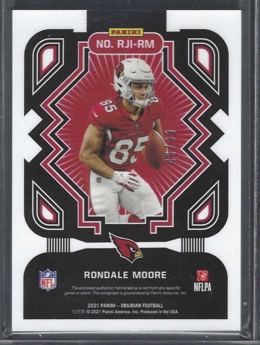 RONDALE MOORE 2021 PANINI OBSIDIAN ORANGE ETCH ROOKIE DUAL PATCH AUTO RC #D /99