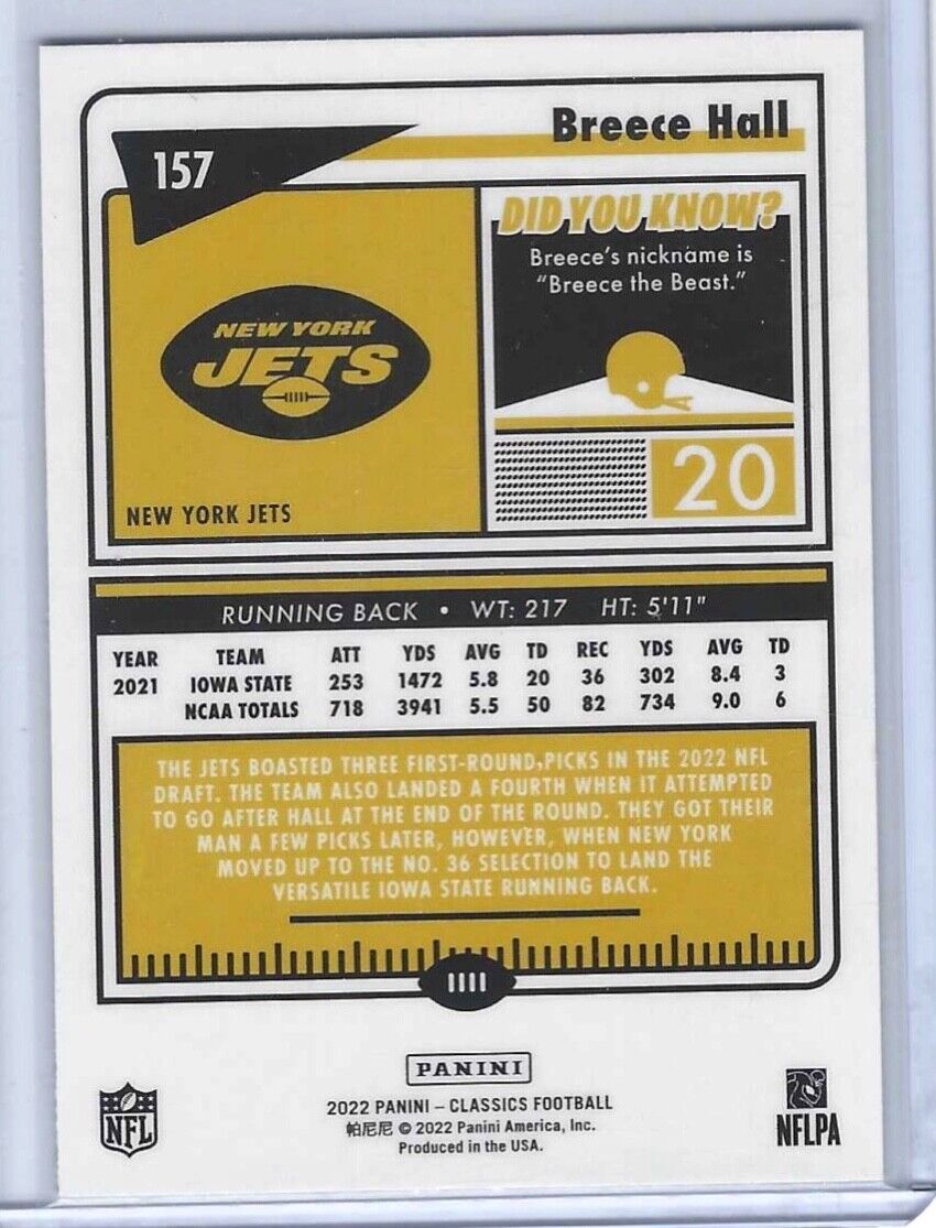 BREECE HALL 2022 PANINI CLASSICS SILVER PRIZM PREMIUM OPTICHROME ROOKIE RC #157