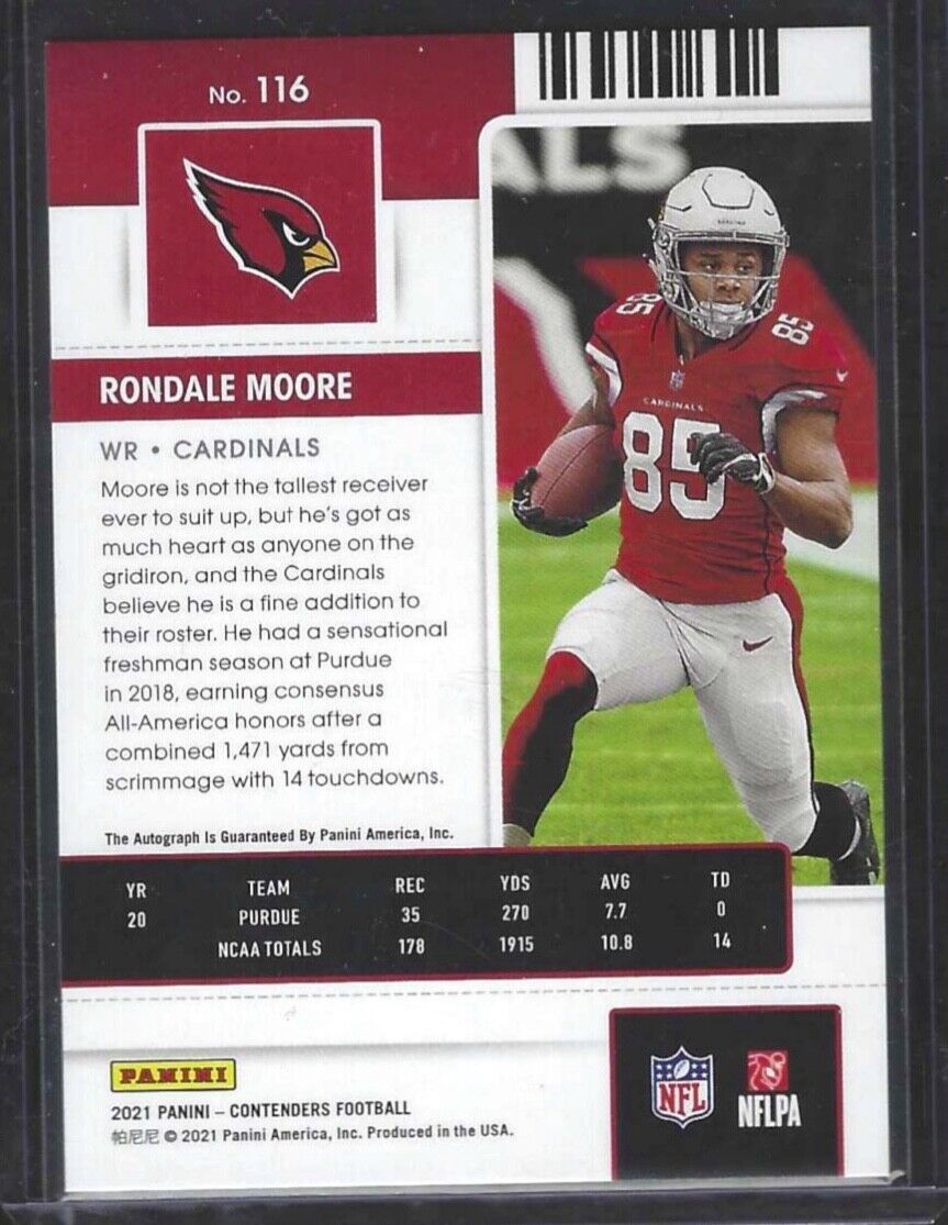 RONDALE MOORE 2021 PANINI CONTENDERS RED ZONE SSP ROOKIE TICKET AUTO RC /20 #116