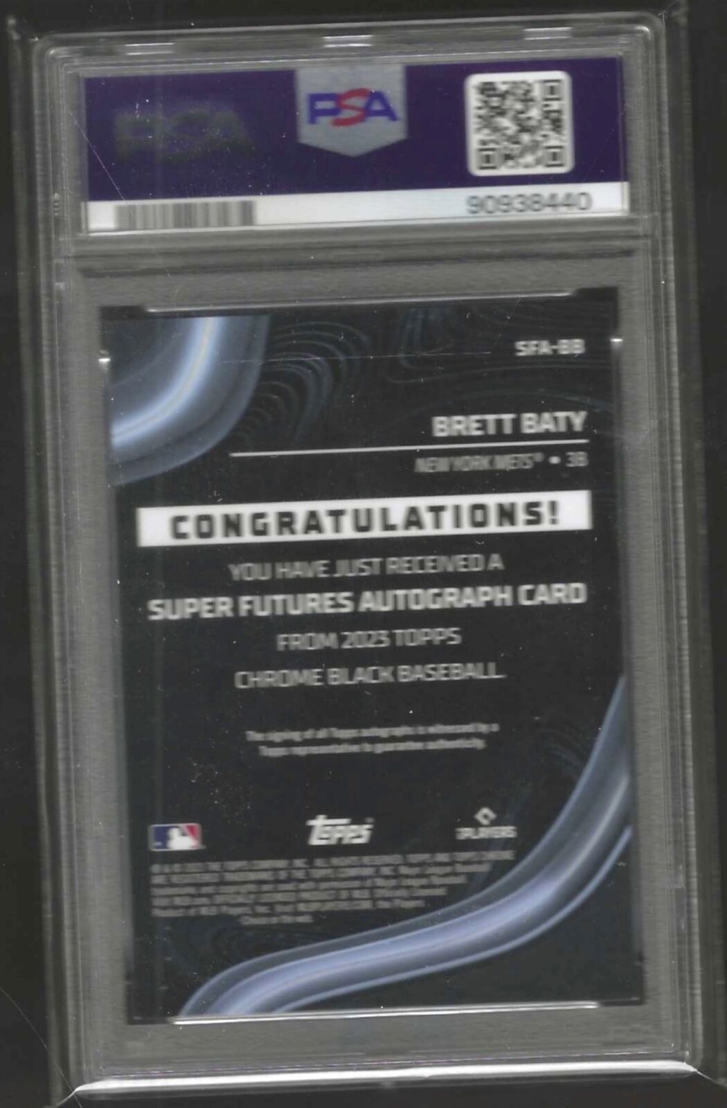 BRETT BATY 2023 TOPPS CHROME BLACK SUPER FUTURES GOLD AUTO RC /50 PSA 9 POP 5