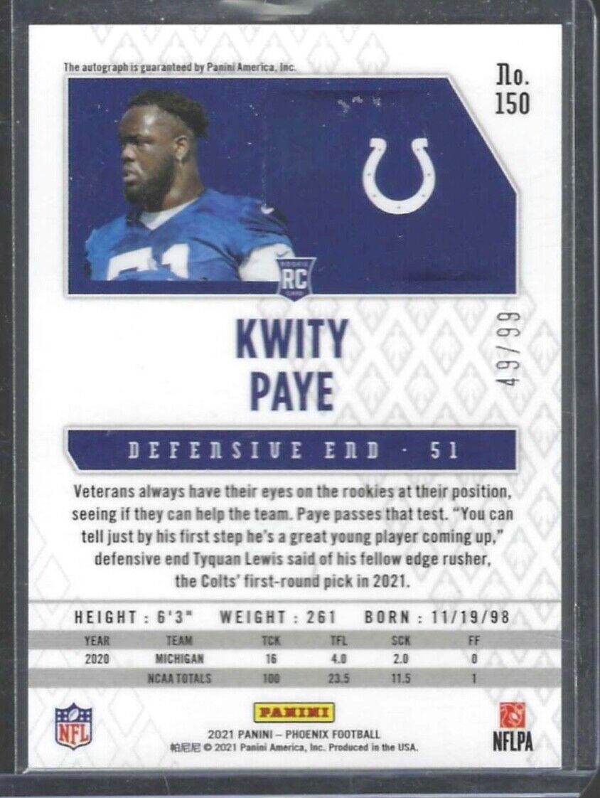 KWITY PAYE 2021 PANINI PHOENIX SILVER LAZER PRIZM ROOKIE AUTO RC #D 49/99