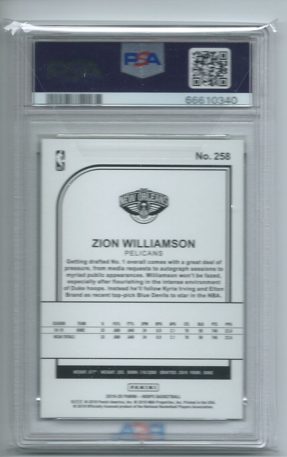 ZION WILLIAMSON 2019-20 PANINI HOOPS NEON GREEN AUSTRALIA SP RC #258 PSA 10 GEM