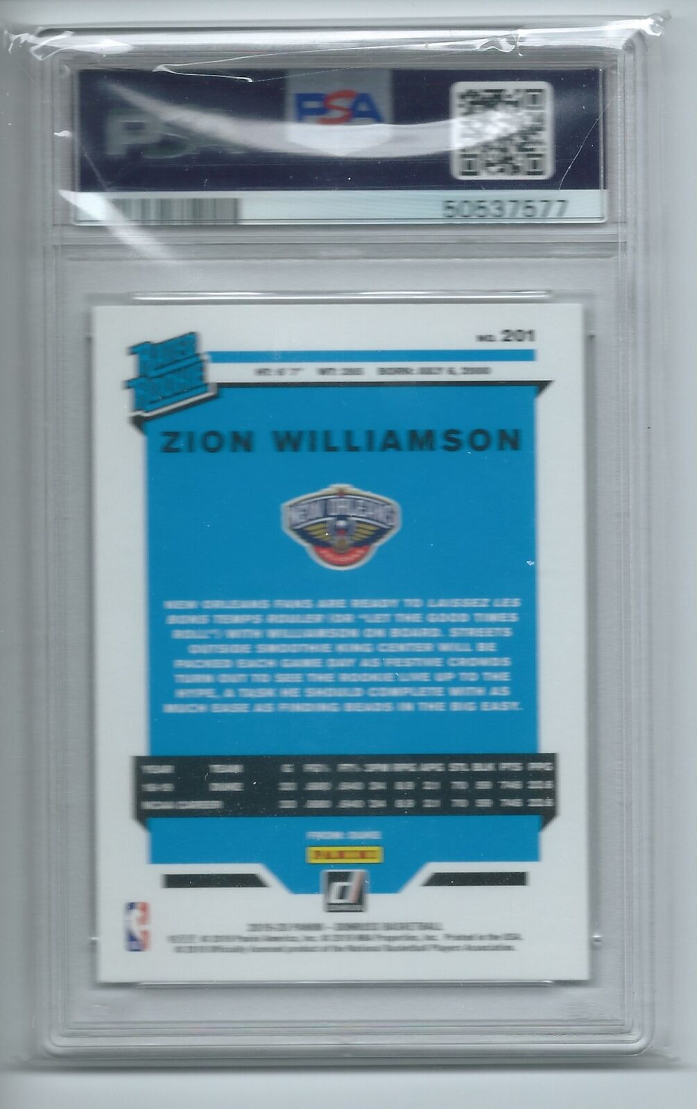 ZION WILLIAMSON 2019-20 PANINI DONRUSS RATED ROOKIE RC #201 PSA 9 MINT