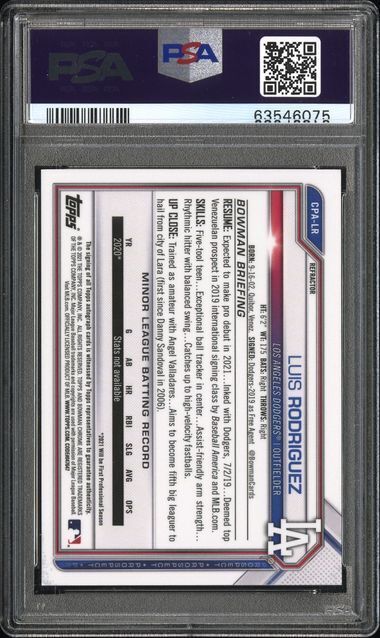 LUIS RODRIGUEZ 2021 BOWMAN CHROME PROSPECT 1ST REFRACTOR AUTO /499 PSA 10 GEM