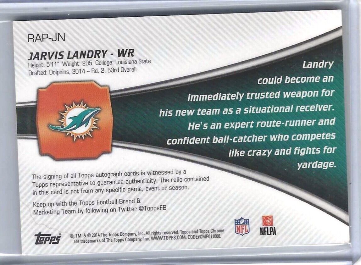 JARVIS LANDRY 2014 TOPPS CHROME RPA REFRACTOR ROOKIE PATCH AUTO RC #D 33/50