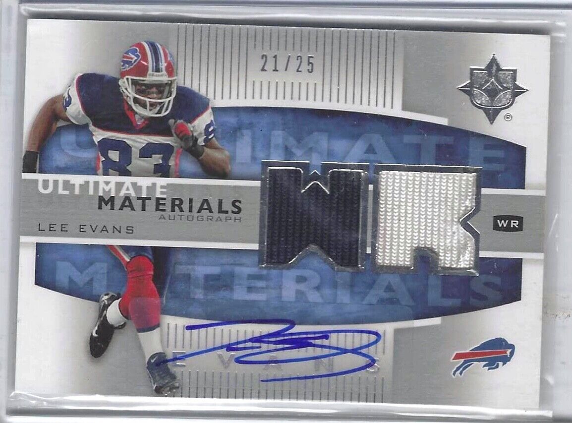 LEE EVANS 2007 UPPER DECK ULTIMATE MATERIALS DUAL JERSEY AUTO #D 21/25