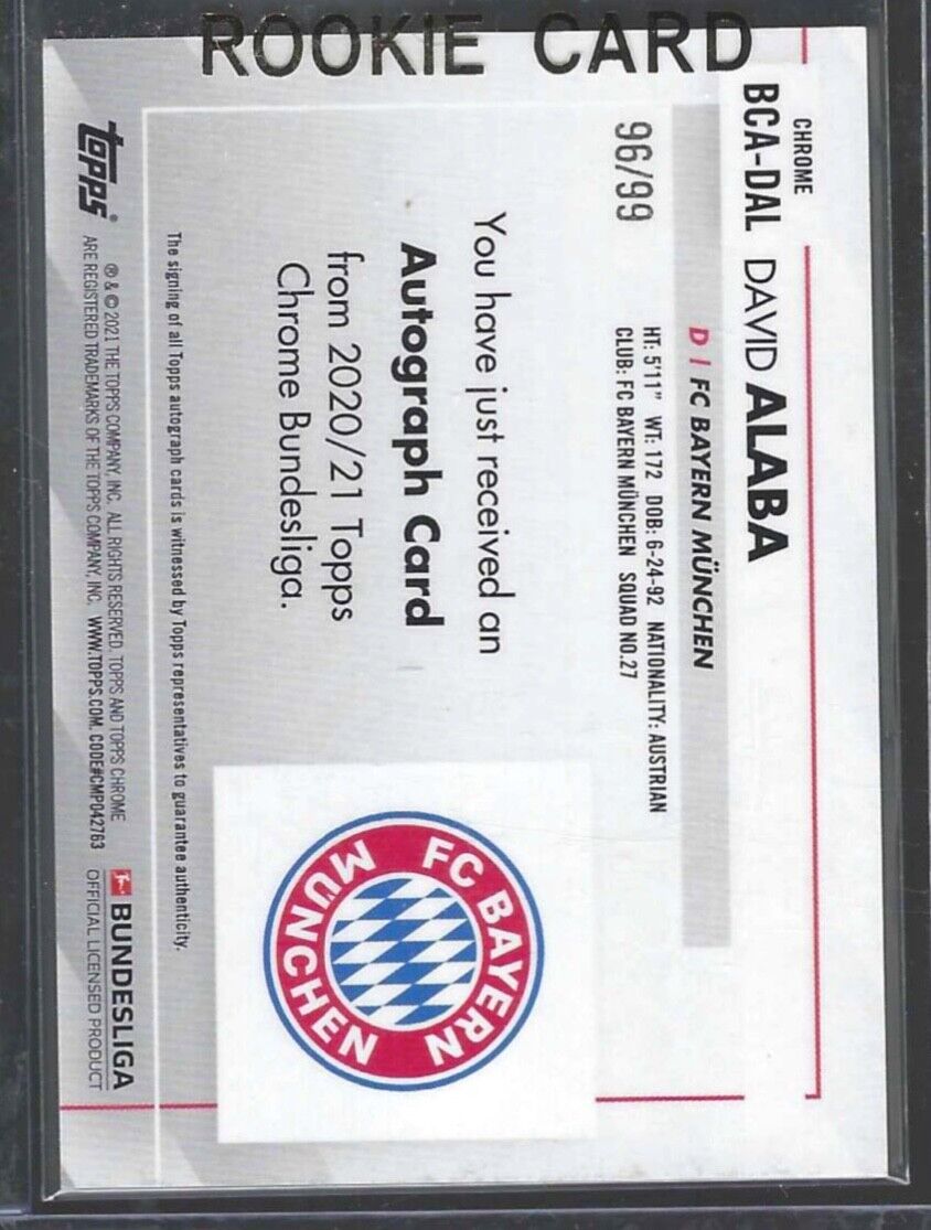 DAVID ALABA 2020-21 TOPPS CHROME BUNDESLIGA GREEN REFRACTOR AUTO #D 96/99