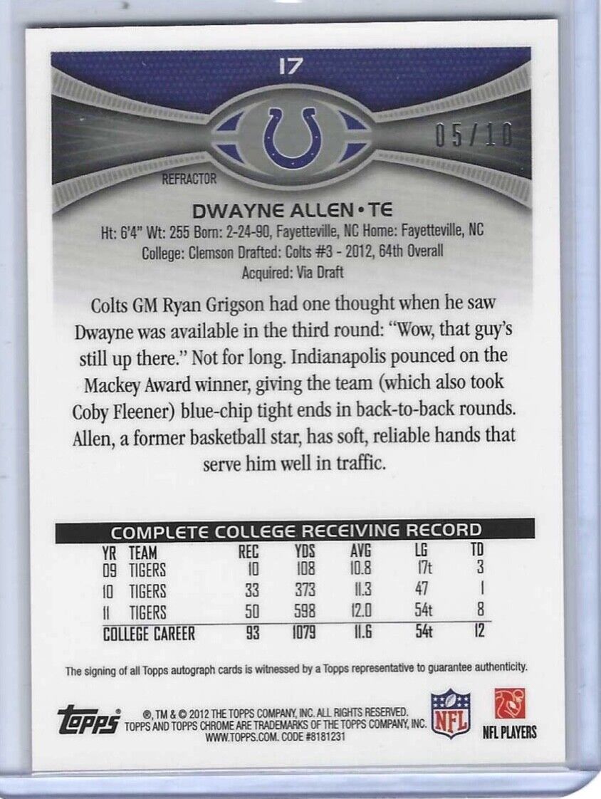 DWAYNE ALLEN 2012 TOPPS CHROME GOLD REFRACTOR ROOKIE AUTO RC #D 05/10