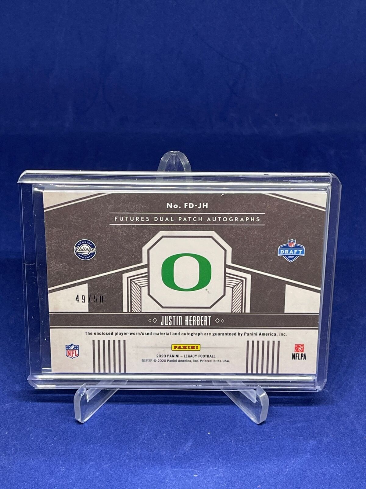 JUSTIN HERBERT 2020 PANINI LEGACY FUTURES DUAL PATCH AUTO ROOKIE RC #D 49/50