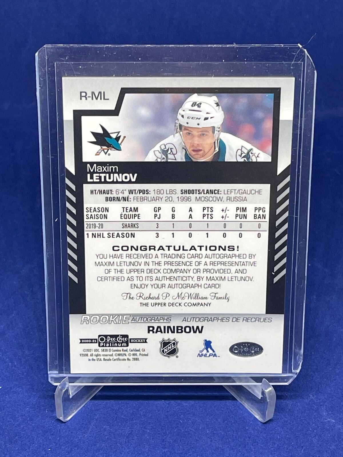 MAXIM LETUNOV 2020-21 O-PEE-CHEE PLATINUM ROOKIE ON CARD AUTO RAINBOW RC