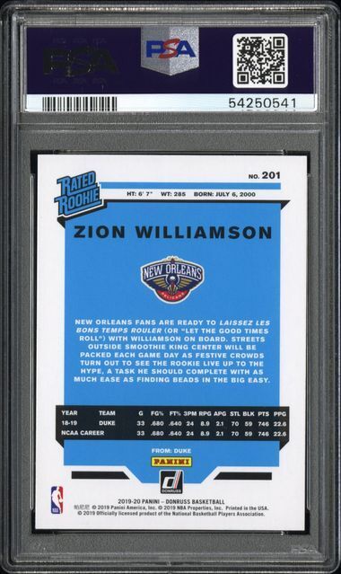 ZION WILLIAMSON 2019-20 PANINI DONRUSS ORANGE LASER RATED ROOKIE RC #201 PSA 10