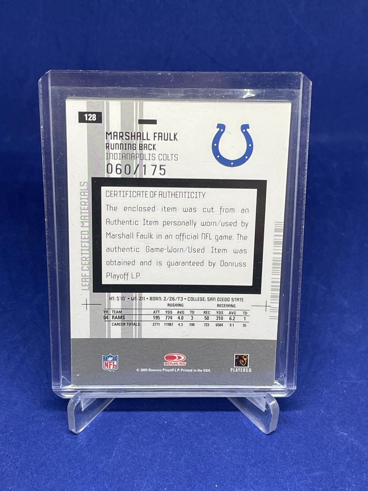 MARSHALL FAULK 2005 LEAF CERTIFIED MATERIALS JERSEY CARD #D 60/175