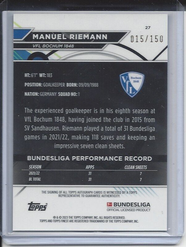 MANUEL RIEMANN 2022-23 TOPPS FINEST BUNDESLIGA BLACK REFRACTOR AUTO #D 15/150