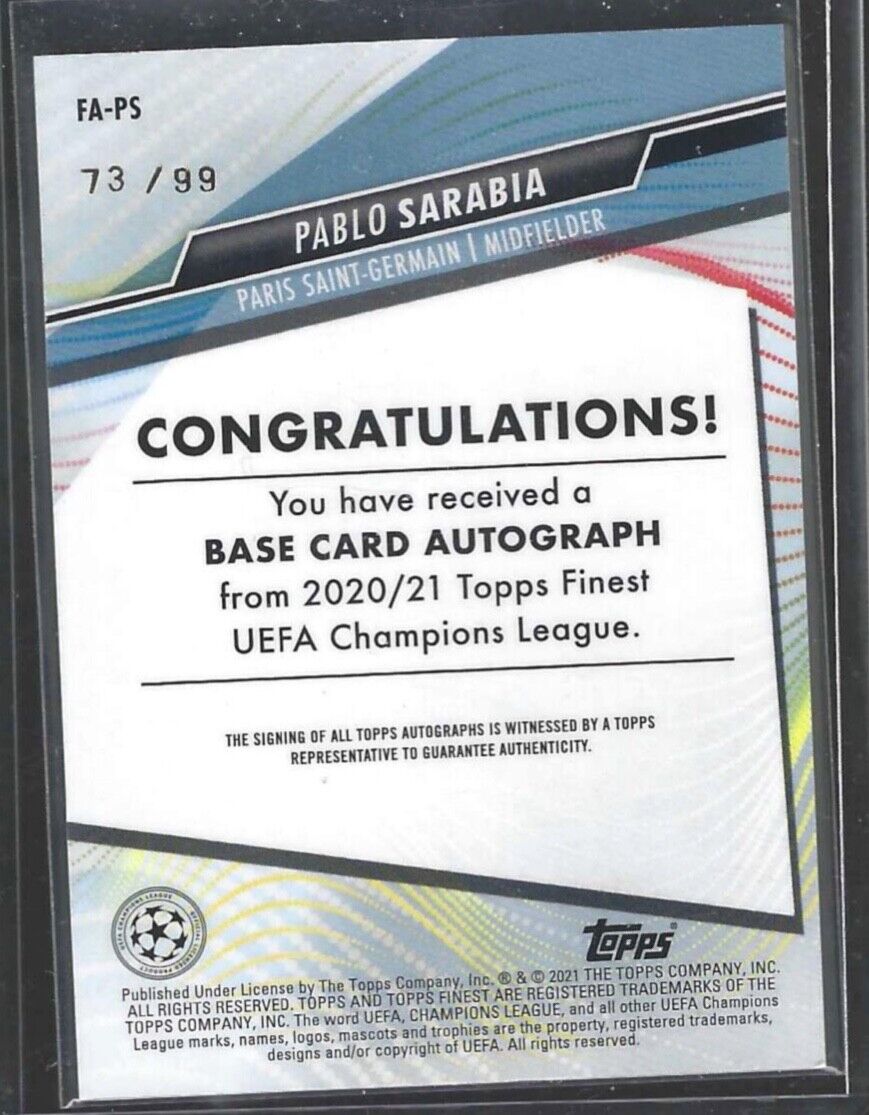 PABLO SARABIA 2020-21 TOPPS FINEST UCL GREEN WAVE REFRACTOR AUTO #D 73/99