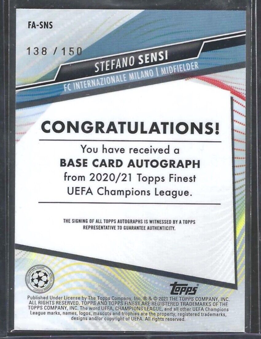 STEFANO SENSI 2020-21 TOPPS FINEST UCL BLUE REFRACTOR AUTO #D 138/150