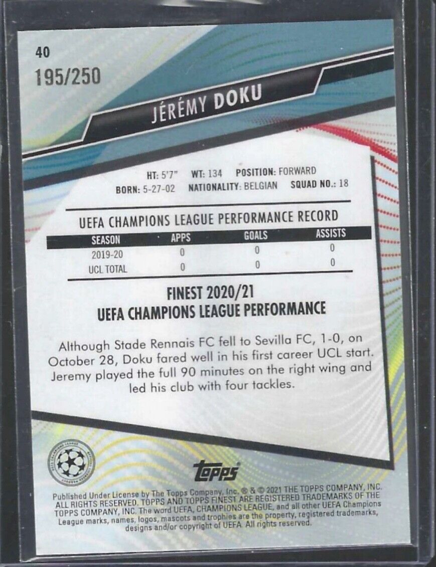 JEREMY DOKU 2020-21 TOPPS FINEST PURPLE REFRACTOR ROOKIE RC #D 195/250