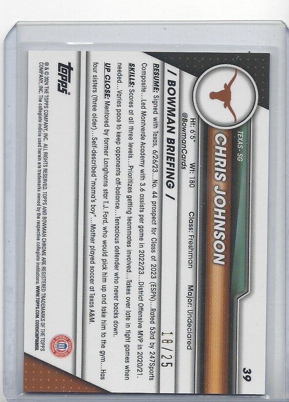 CHRIS JOHNSON 2023-24 BOWMAN CHROME UNIVERSITY 1ST ORANGE REFRACTOR #D 18/25