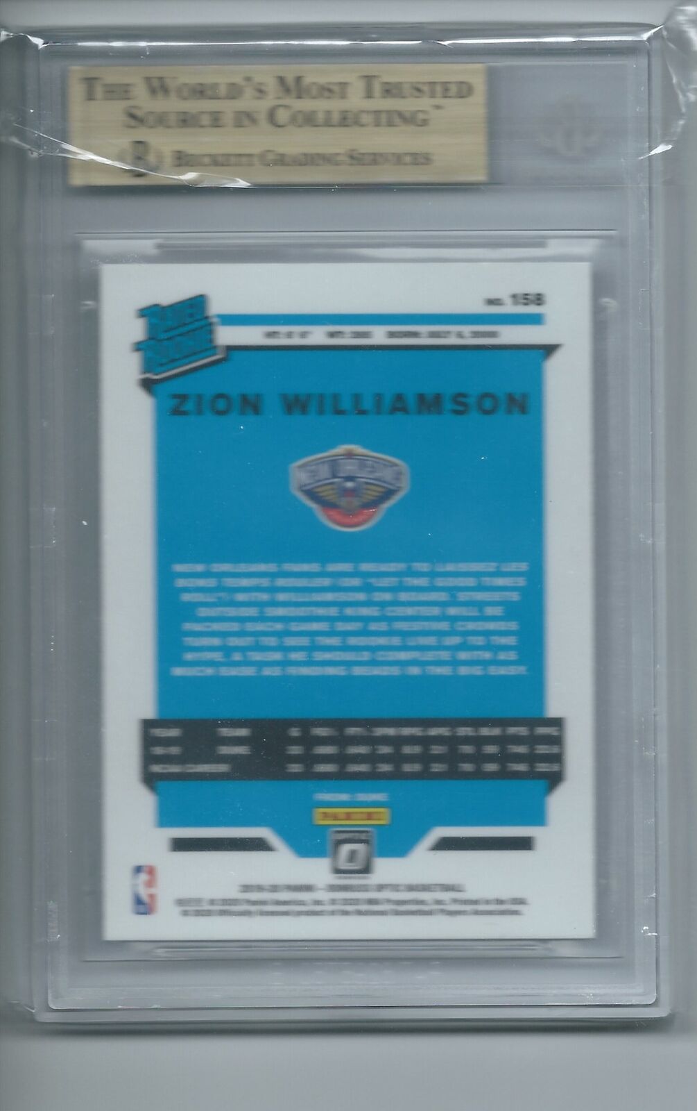 ZION WILLIAMSON 2019-20 PANINI DONRUSS OPTIC RATED ROOKIE RC #158 BGS 9.5 GEM