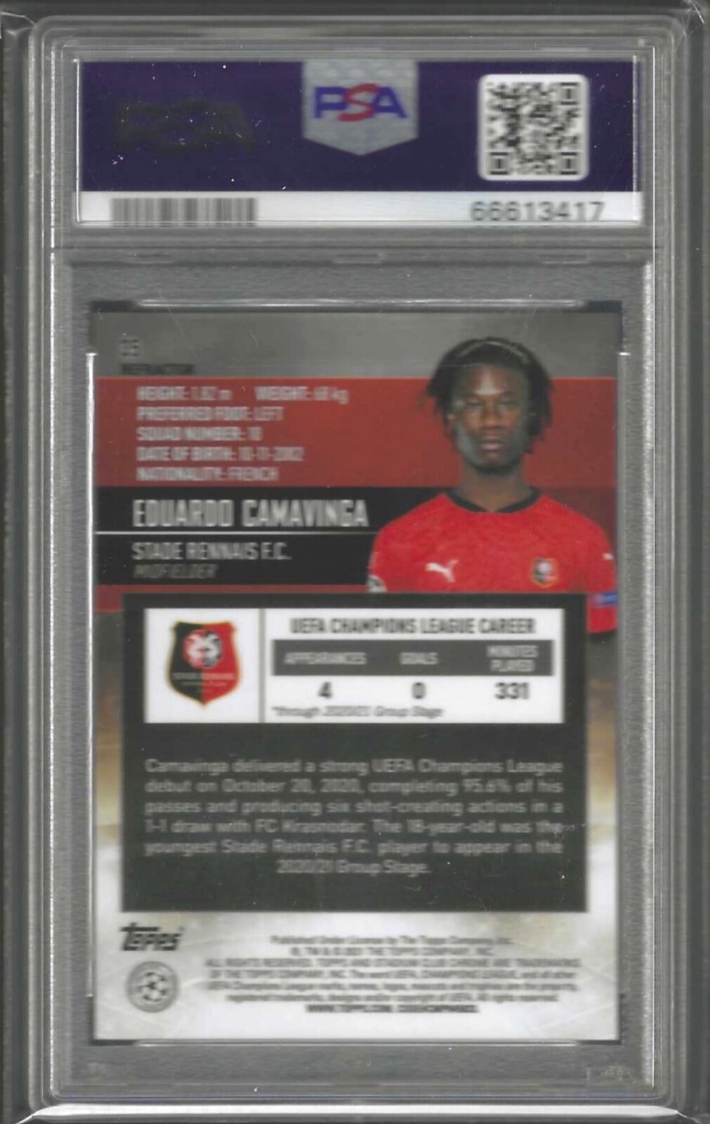 EDUARDO CAMAVINGA 2020-21 STADIUM CLUB REFRACTOR CHROME RC #35 PSA 10 POP 15